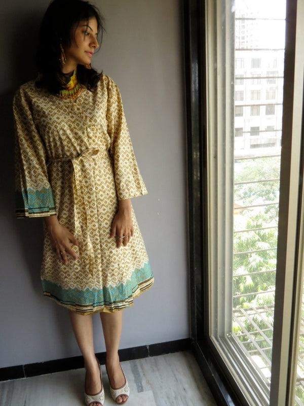 Cream Brown Chevron Knee Length, Kimono Crossover Belted Robe