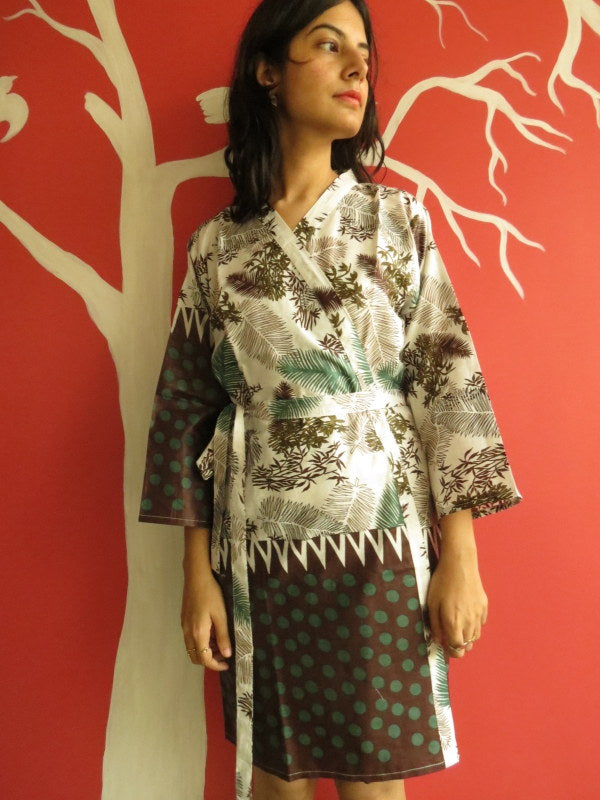 White Green Brown Knee Length, Kimono Crossover Belted Robe