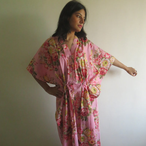 Pink Floral Rosy Red Posy V-Neck Button Down to Waist, Ankle Length, Cinched Waist Caftan