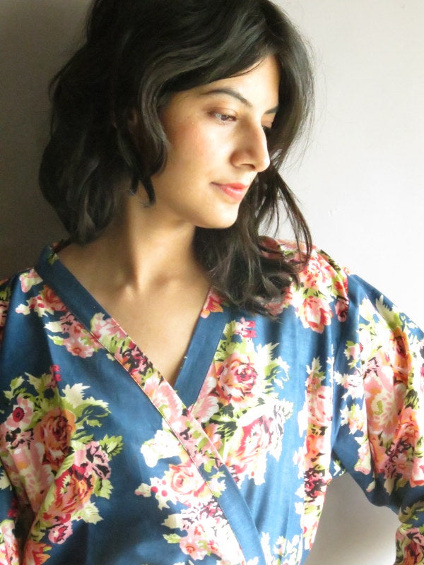 Dark Blue Floral Knee Length, Kimono Crossover Belted Robe-C12 fabric Code