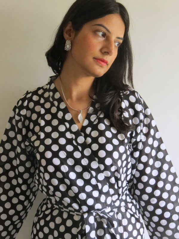 Black Polka Dots Knee Length, Kimono Crossover Belted Robe