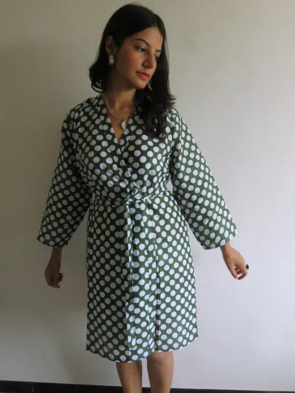 Dark Green Polka Dots Knee Length, Kimono Crossover Belted Robe