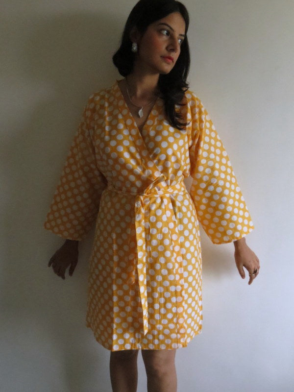 Yellow Polka Dots Knee Length, Kimono Crossover Belted Robe