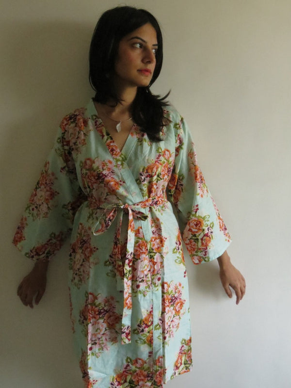 Mint Floral Knee Length, Kimono Crossover Belted Robe