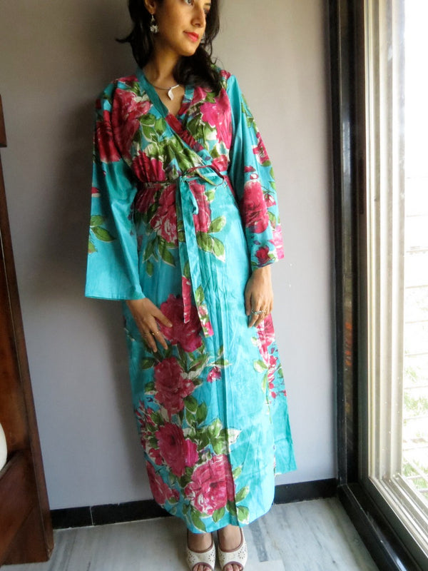 Teal Floral Ankle Length, Kimono Crossover Belted Robe-E7 fabric Code