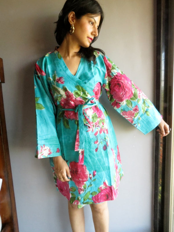 Teal Floral Knee Length, Kimono Crossover Belted Robe-E7 fabric Code