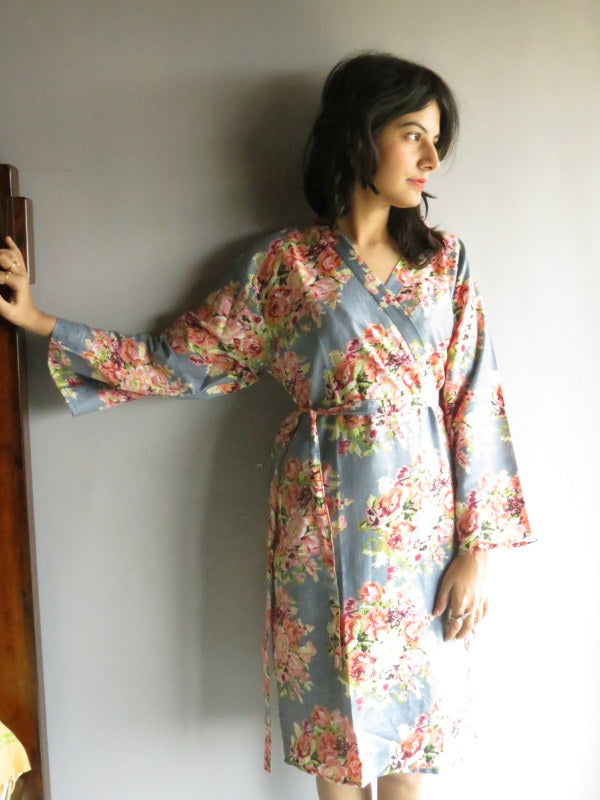 Gray Floral Knee Length, Kimono Crossover Belted Robe-C13 fabric Code