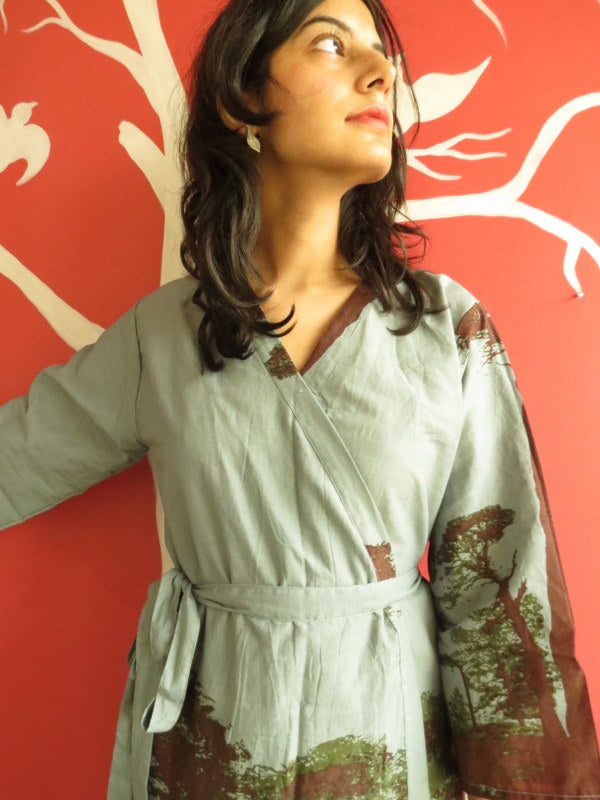 Gray Tree of Life Knee Length, Kimono Crossover Belted Robe