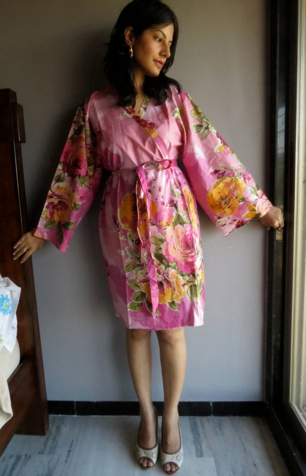 Pink Floral Knee Length, Kimono Crossover Belted Robe-D5 fabric Code