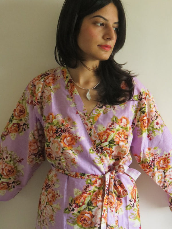 Lilac Floral Knee Length, Kimono Crossover Belted Robe