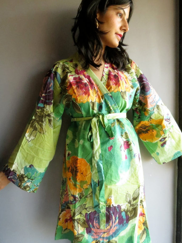 Green Big Floral Knee Length, Kimono Crossover Belted Robe