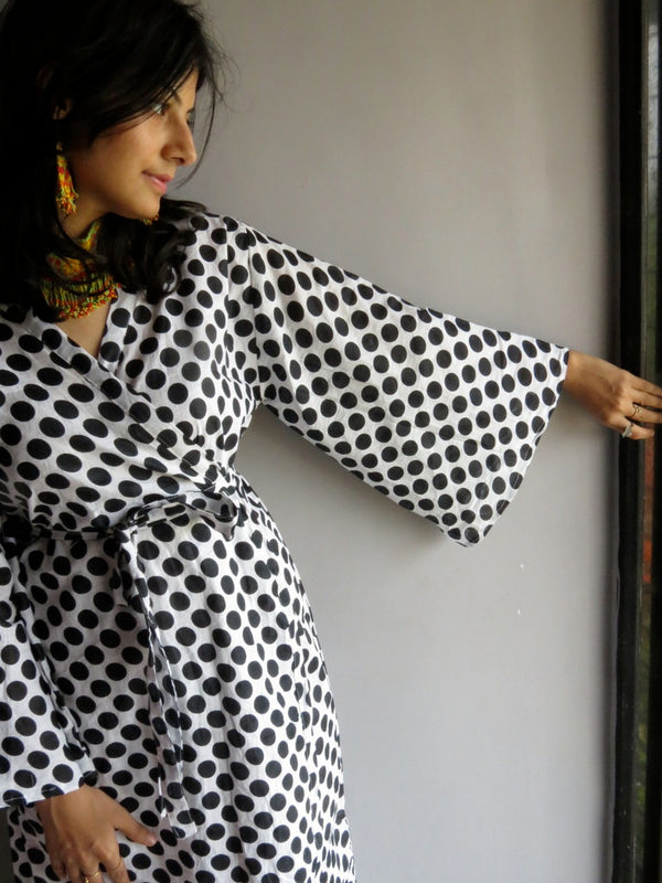 White Black Dots MidCalf Length, Kimono Crossover Belted Robe
