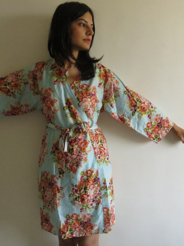 Light Blue Floral Knee Length, Kimono Crossover Belted Robe