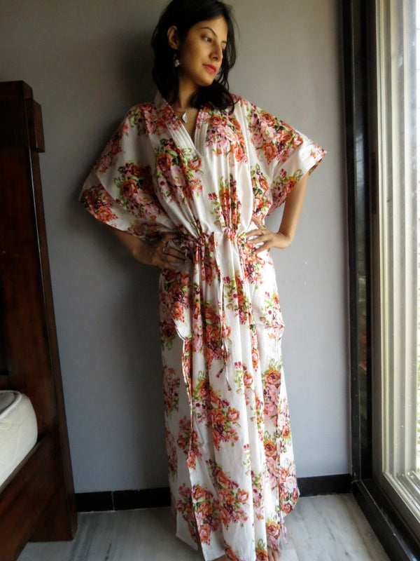 White Floral Posy V-Neck, Ankle Length, Cinched Waist Caftan