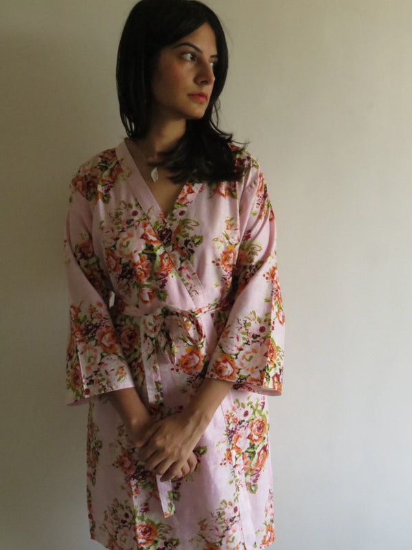 Pink Floral Knee Length, Kimono Crossover Belted Robe
