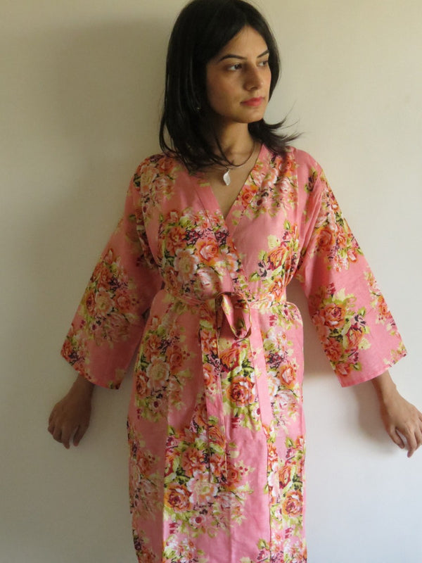 Coral Floral Knee Length, Kimono Crossover Belted Robe