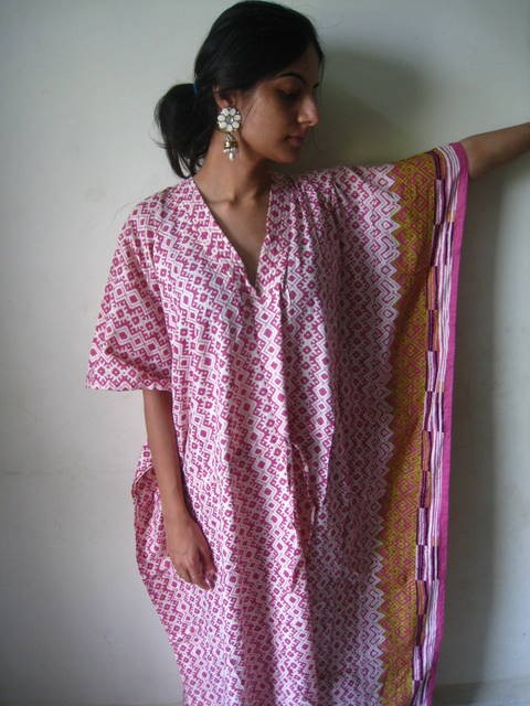 Pink Checkered V-Neck, Ankle Length, Cinched Waist Caftan