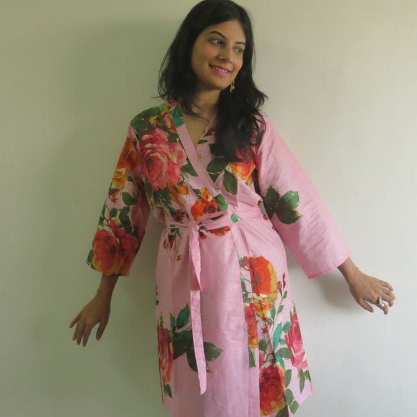 Pink Big Floral Knee Length, Kimono Crossover Belted Robe