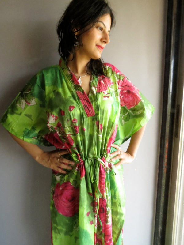 Green Fuchsia Large Floral Blossom V-Neck, Ankle Length, Cinched Waist Caftan