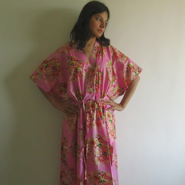 Pink Floral Posy V-Neck Button Down to Waist, Ankle Length, Cinched Waist Caftan