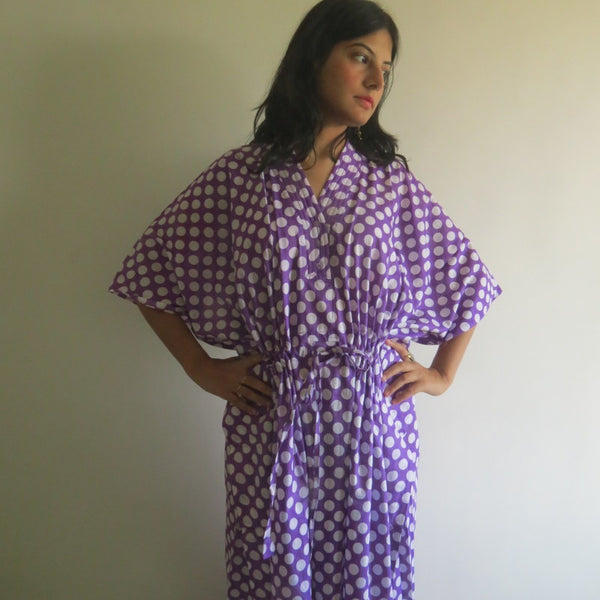 Lilac Polka Dots V-Neck Button Down to Waist, Ankle Length, Cinched Waist Caftan