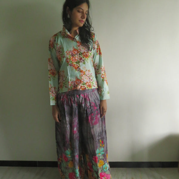 Gray Floral Wide Legged Elastic Pajamas