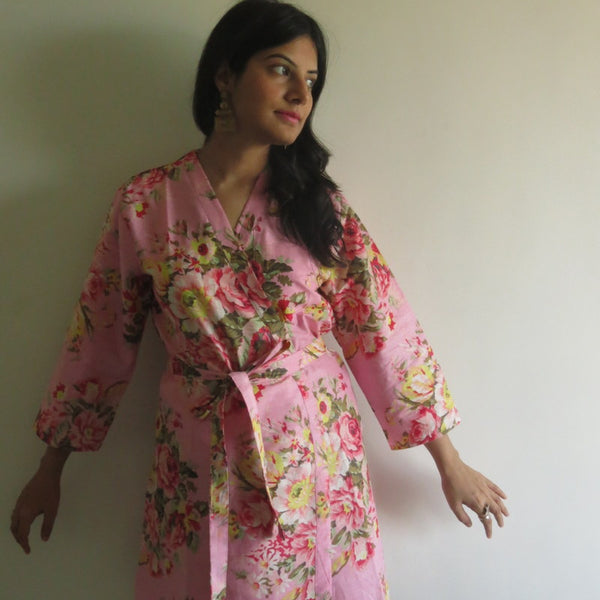 Pink Floral Knee Length, Kimono Crossover Belted Robe