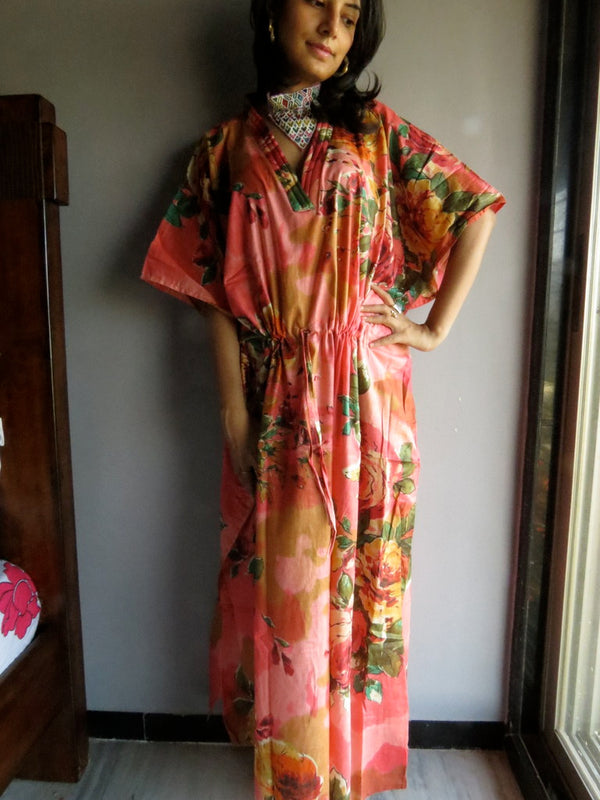 Coral Large Floral Blossom V-Neck, Ankle Length, Cinched Waist Caftan