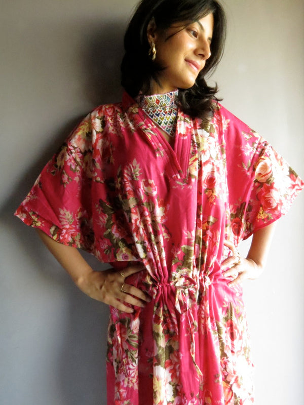 Magenta Rosy Red Posy V-Neck, Ankle Length, Cinched Waist Caftan