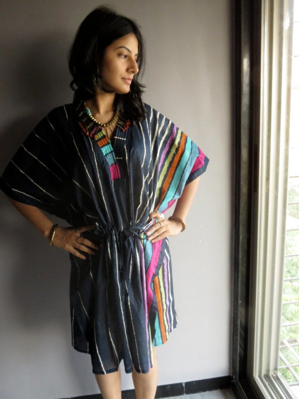 Dark Blue Stripes V-Neck, Knee Length, Cinched Waist Caftan