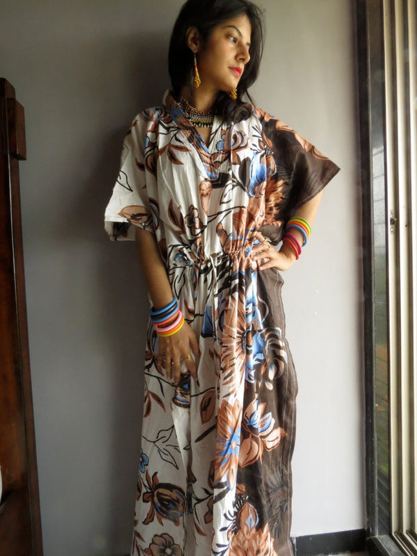 Ivory Peach Brown Floral V-Neck, Ankle Length, Cinched Waist Caftan-V2 fabric Code