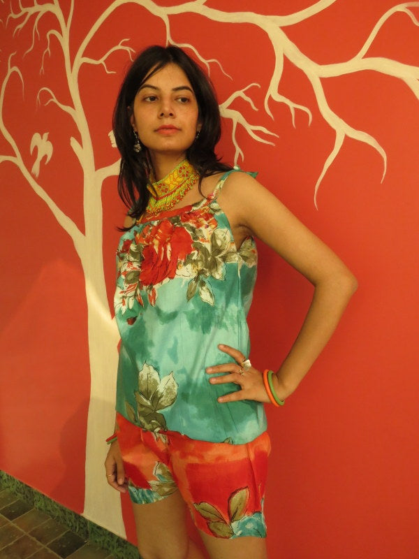 Red Teal Floral Shorts