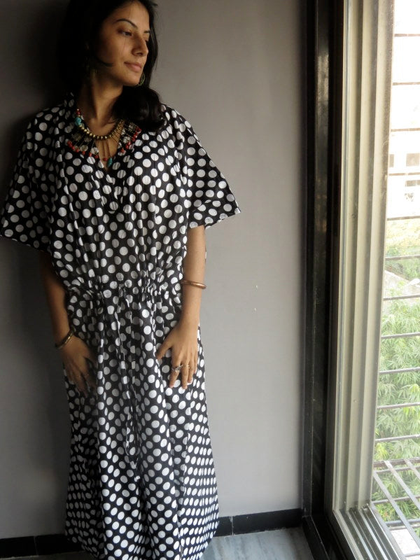 Black Polka Dots V-Neck, Ankle Length, Cinched Waist Caftan