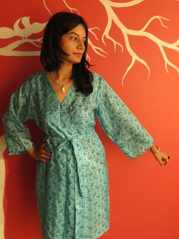 Silk Light Blue Leafy Knee Length, Kimono Crossover Belted Robe