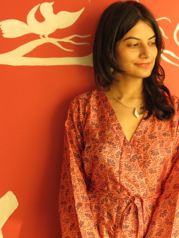 Silk Raspberry Leafy Knee Length, Kimono Crossover Belted Robe