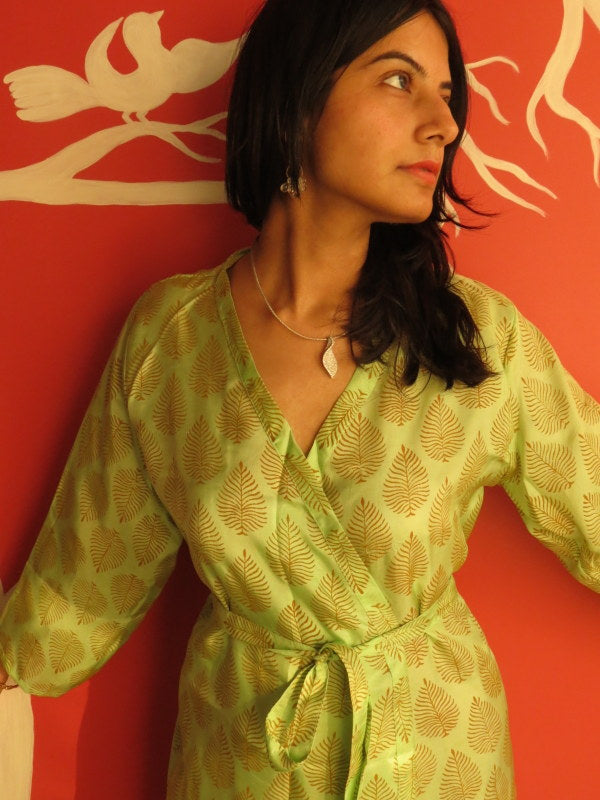Silk Green Leafy Knee Length, Kimono Crossover Belted Robe