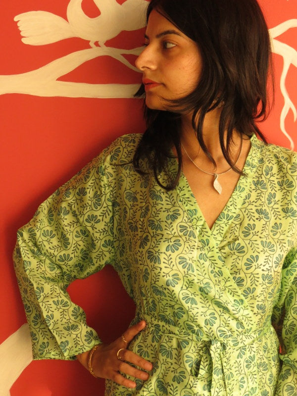 Silk Green Leafy Knee Length, Kimono Crossover Belted Robe