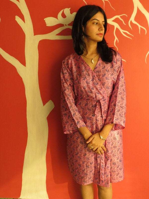 Silk Raspberry Leafy Knee Length, Kimono Crossover Belted Robe