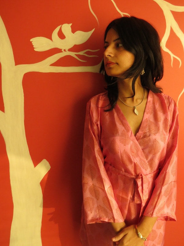 Silk Raspberry Leafy Knee Length, Kimono Crossover Belted Robe