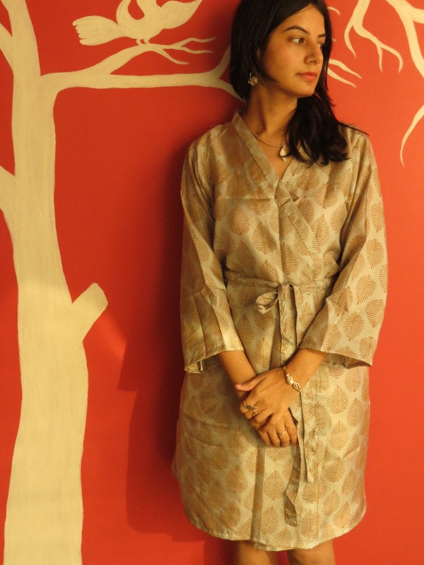 Silk Silver Leafy Knee Length, Kimono Crossover Belted Robe