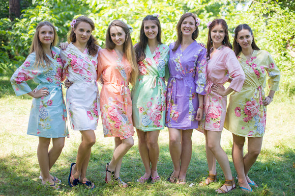 Mismatched Cabbage Roses Patterned Bridesmaids Robes in Soft Tones