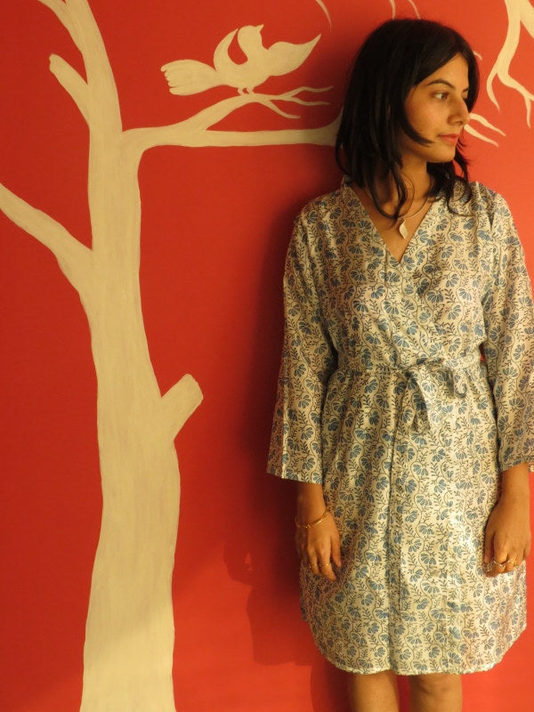 Silk White Leafy Knee Length, Kimono Crossover Belted Robe