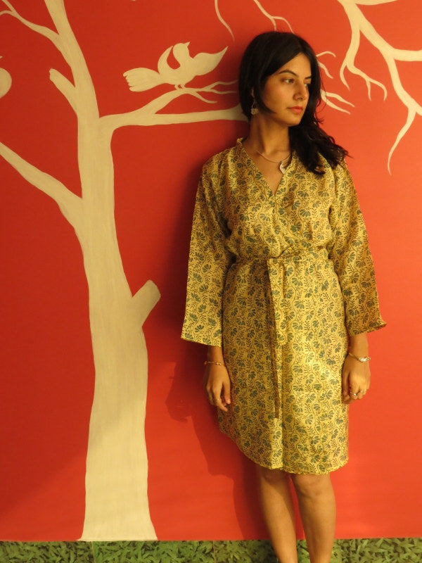 Silk Yellow Leafy Knee Length, Kimono Crossover Belted Robe