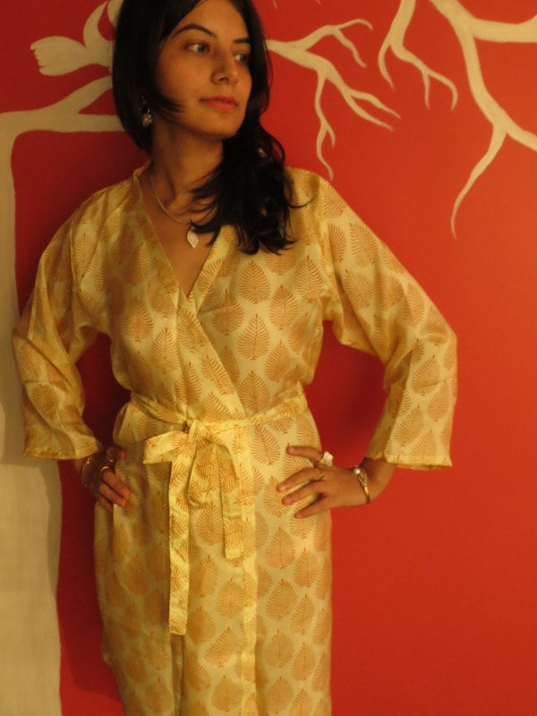 White leafy Silk Hand-Block Printed Kimono Crossover Robe