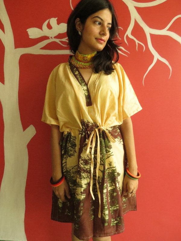 Yellow Tree of Life V-Neck, Knee Length, Cinched Waist Caftan