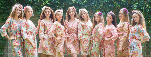 Mismatched Floral Posy Patterned Bridesmaids Robes in Soft Tones