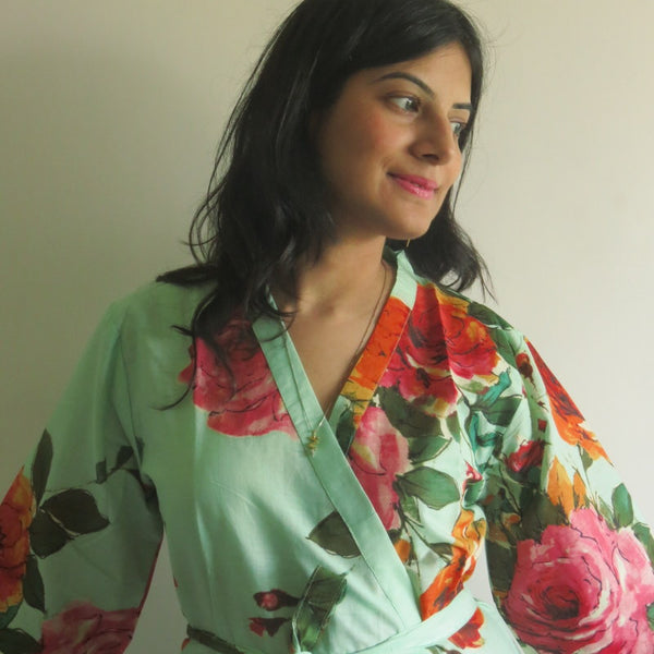 Mint Big Floral Knee Length, Kimono Crossover Belted Robe