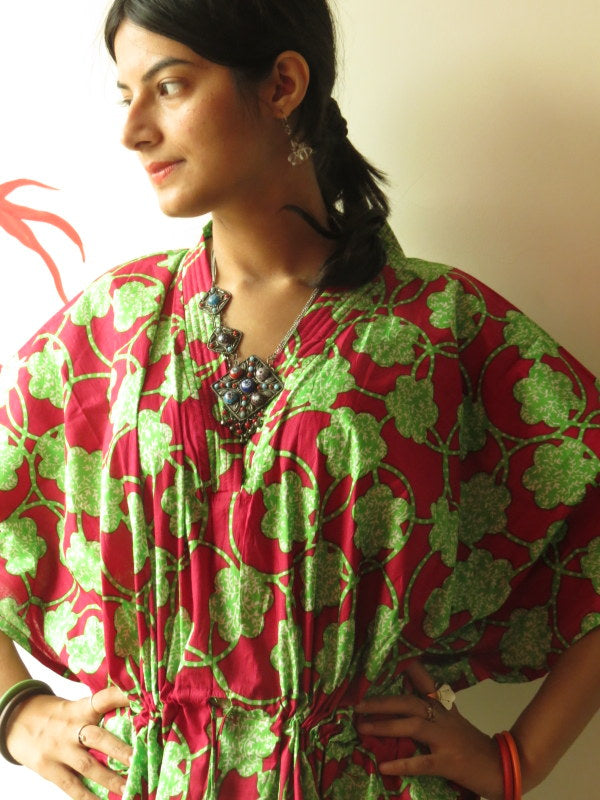Magenta Green Spiral V-Neck, Ankle Length, Cinched Waist Caftan