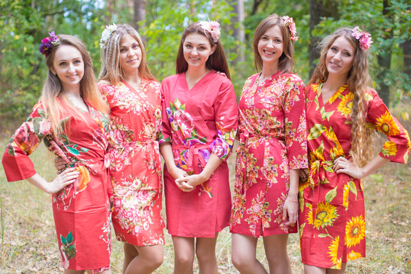 Assorted Red Robes, Shades of Red Wedding Colors Bridesmaids Robes