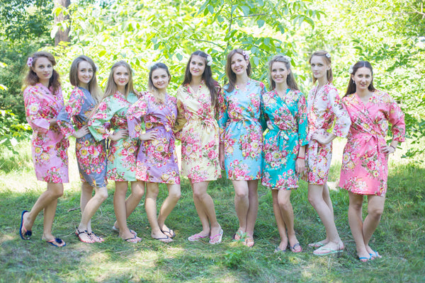 Mismatched Rosy Red Posy Patterned Bridesmaids Robes in Soft Tones
